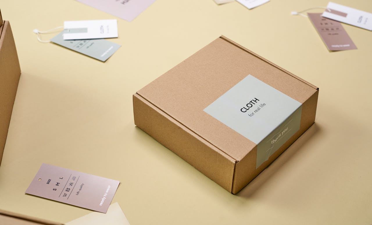 Elegant cardboard packaging with clothing labels and tags displayed on a light surface.